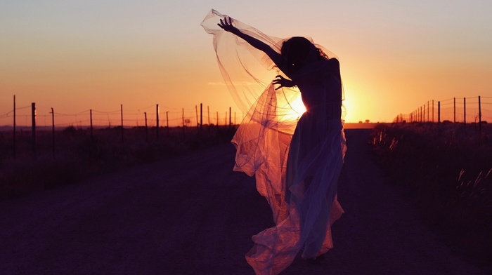 gowns, sunset, girl, silhouette