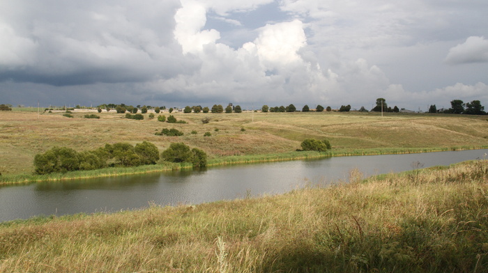 clouds, water, hill, sky, lake, Sun, nature, beautiful, grass, field