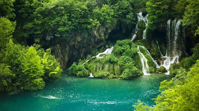 lake, waterfall, nature, trees, beauty, greenery