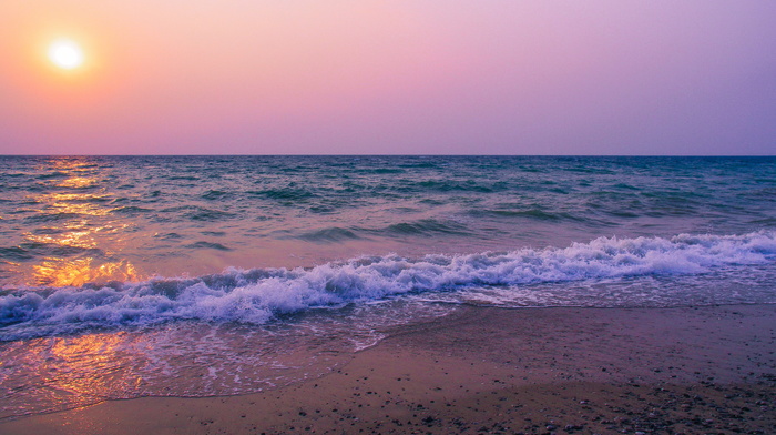nature, Sun, waves, beauty, sky, sand, sunset, sea