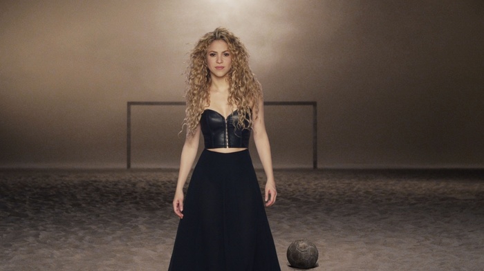 sand, music, Shakira, corset, soccer, blonde, long hair, skirt