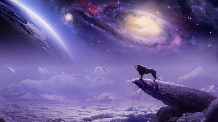stars, space, planets, painting, fantasy, 3D, art, lion