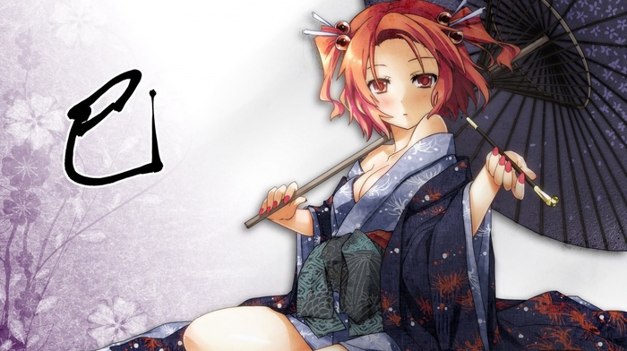 traditional clothing, orange hair, anime girls, Onozuka Komachi, umbrella, anime, touhou, kimono