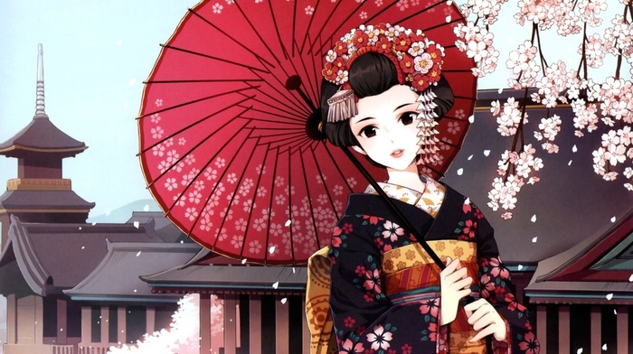 kimono, umbrella, anime, traditional clothing, cherry blossom, anime girls, Japan, original characters