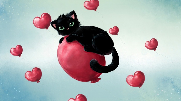 cat, hearts, black cats, balloons