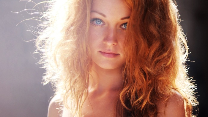 blue eyes, girl, wavy hair, redhead, sunlight