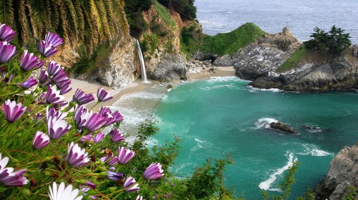 beautiful, summer, ocean, waterfall, mountain, stones, rocks, flowers, beach, nature