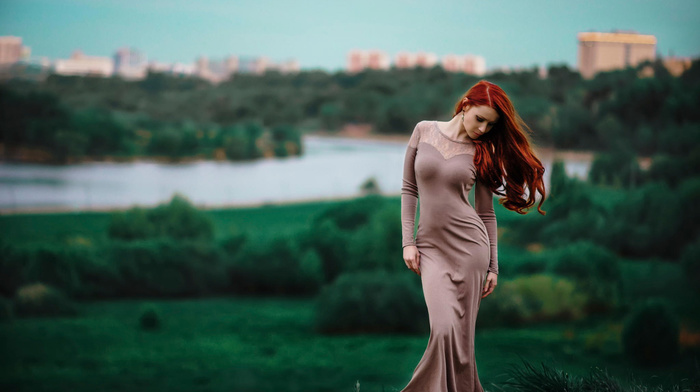 city, girl, photo, people, macro, red hair, statuette, pond, nature, posing