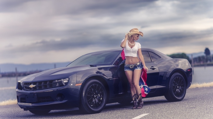 Chevrolet Camaro, girl with cars, jean shorts, girl, model, shorts