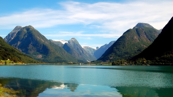 sky, river, mountain, nature