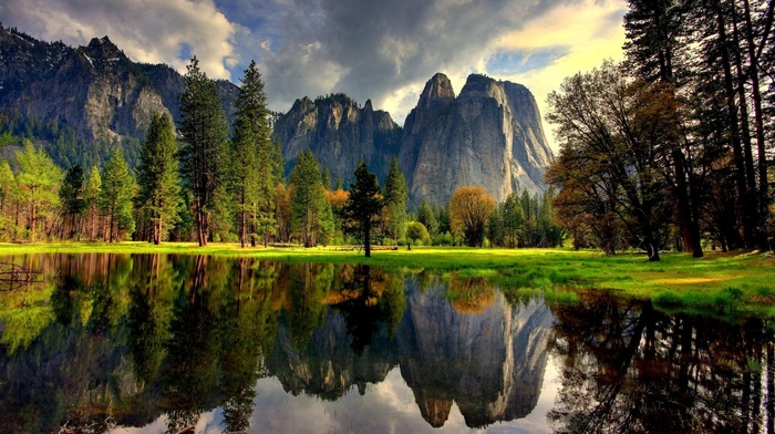 forest, park, mountain, reflection, clouds, sky, USA, river, nature