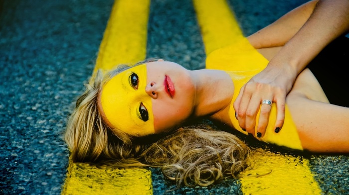 red lipstick, blonde, body paint, yellow, girl, face paint