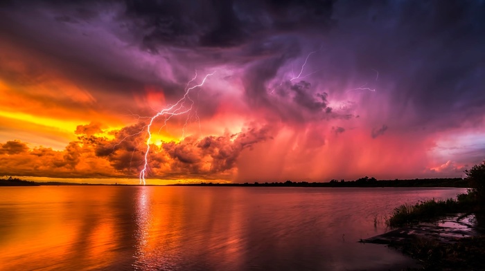 nature, beautiful, clouds, evening, stunner, lake, lightning