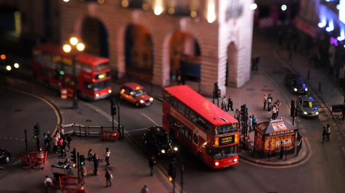 London, cityscape, tilt shift, buses, doubledecker, UK