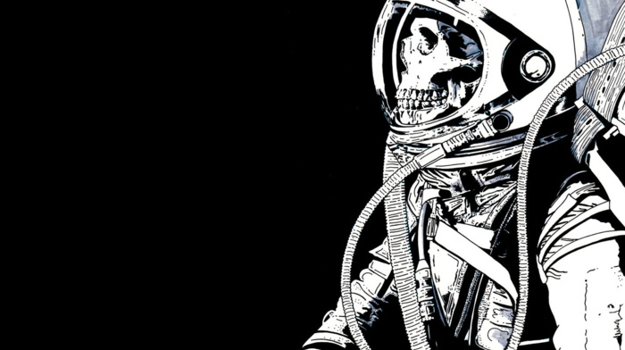 astronaut, skeleton, skull, black background