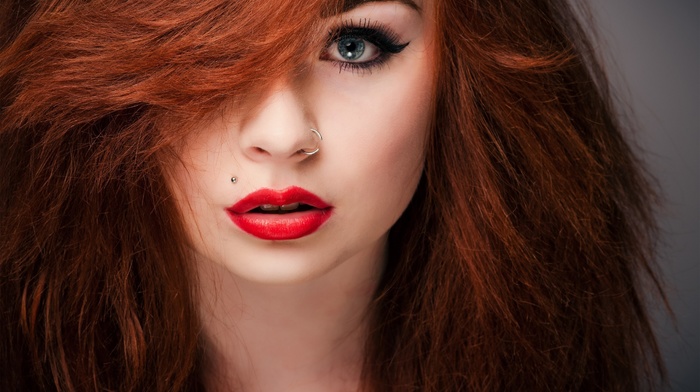 blue eyes, redhead, girl, piercing, nose rings, face, red lipstick