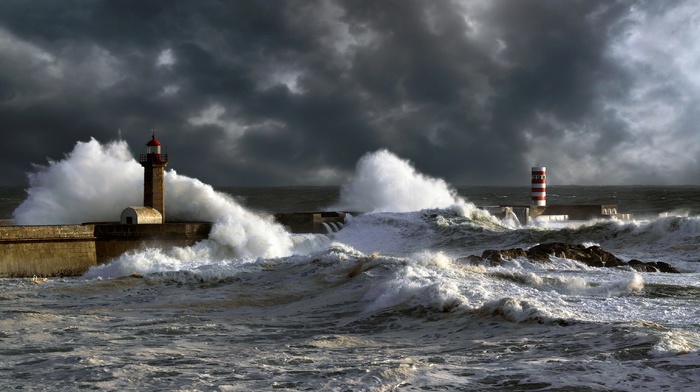 rocks, beautiful, waves, cloudy, storm, stunner, lighthouse, stones