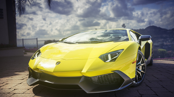 sky, wheels, cars, Lamborghini Aventador, yellow
