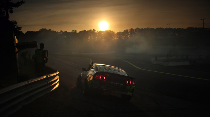 track, Ford, mustang, drift, cars, road, sunset, headlights