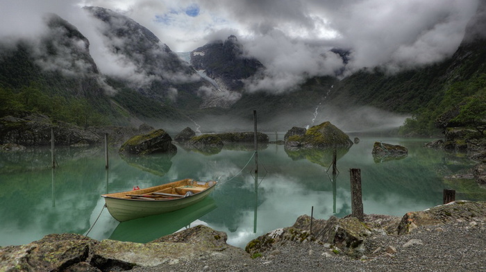 mountain, Norway, lake, stunner, clouds, boat, beauty