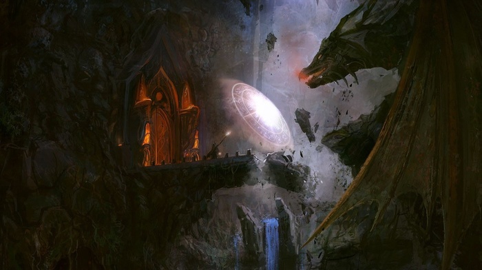 wizard, waterfall, dragon, The Lord of the Rings, bridge