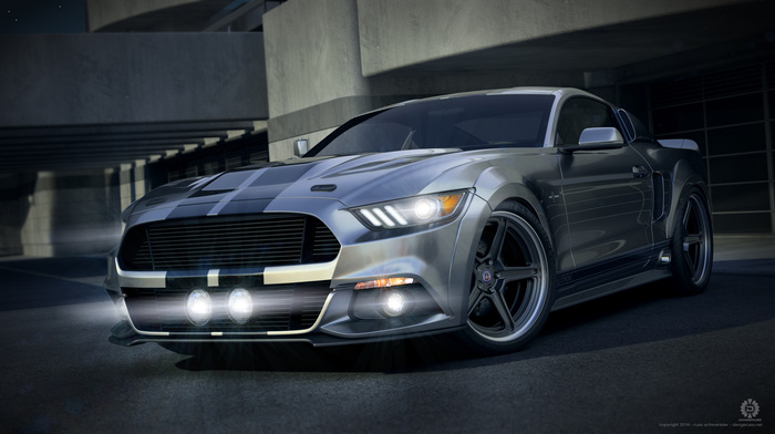 tuning, cities, cars, supercar, mustang, evening, auto, parking, headlights, Ford, wheels, sportcar, photo, street