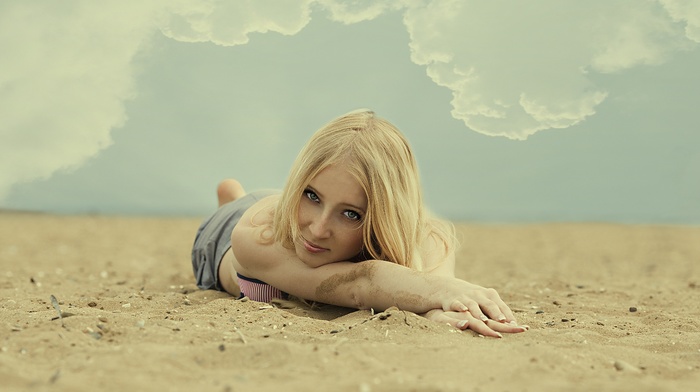 sand, photoshop, macro, girl, photo, clouds, theme, blonde, posing, people, sight, lying down