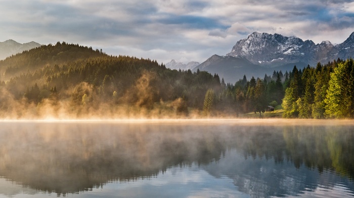 mist, mountain, landscape, nature, reflection, lake