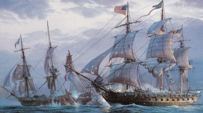 sailing ship, painting, sea, american flag, ship