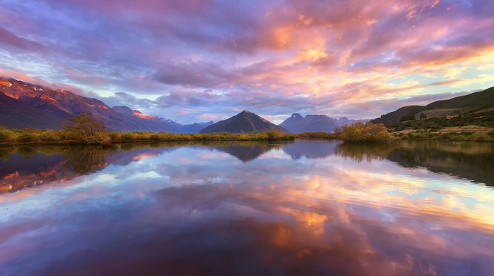 mountain, clouds, sky, lake, nature