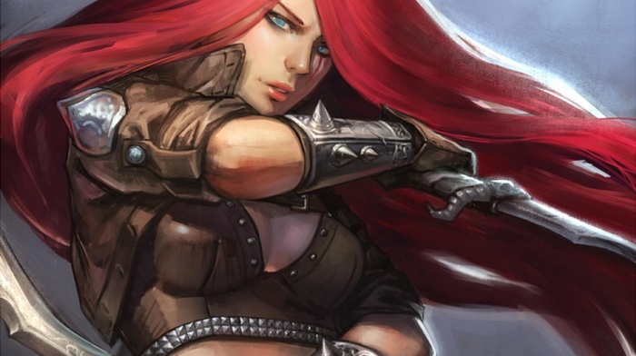 fantasy art, League of Legends, knife, redhead, Katarina