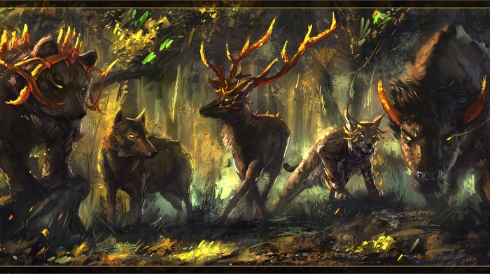 fantasy art, bears, wolf