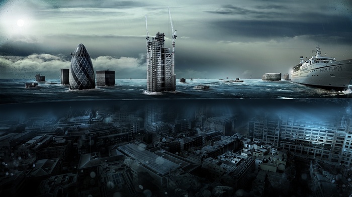 split view, flood, sunken cities, UK, cityscape, London, England