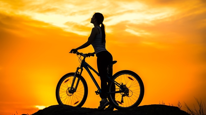 sunset, girl, sports, silhouette, bicycle, bike, sky