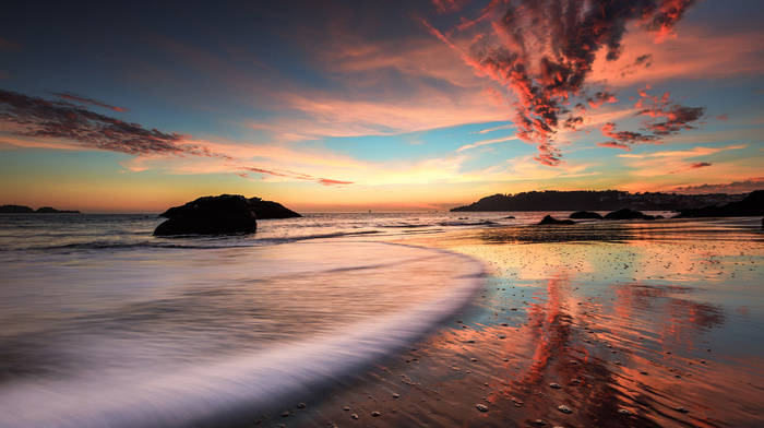 rocks, reflection, evening, nature, sunset, sea, beach