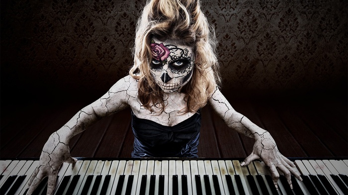 sugar skull, piano, girl