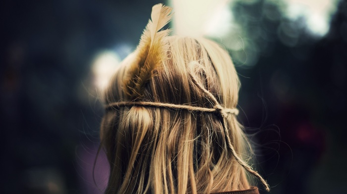 girl, blurred, feathers, hair, blonde