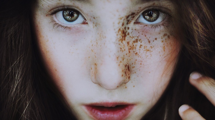 girl, closeup, eyes, freckles