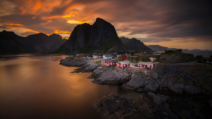 mountain, Norway, sky, clouds, evening, sunset, houses, sea, cities