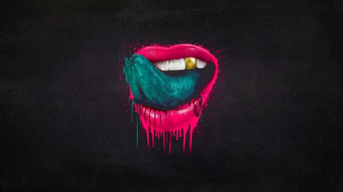 dark background, lips, tongues, teeth, artwork, paint splatter