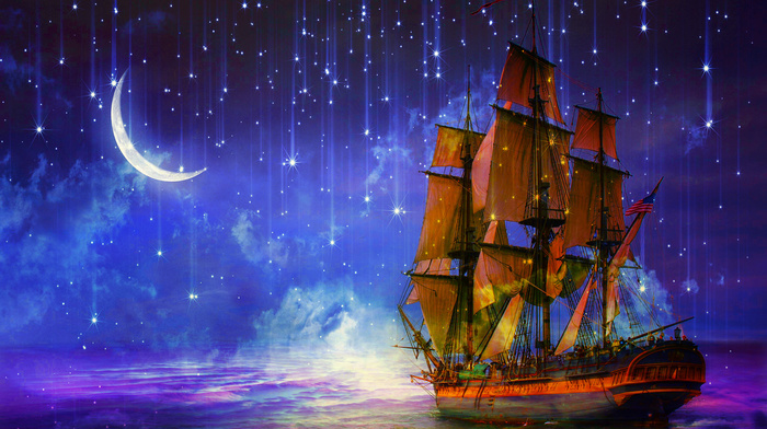 sailfish, ship, fantasy, sea, night, stars