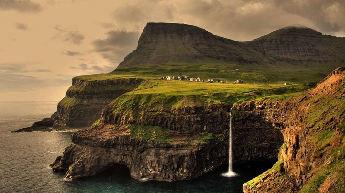 cliff, waterfall, sea village