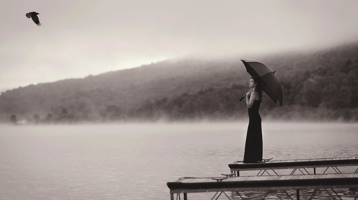 birds, girl, monochrome, umbrella