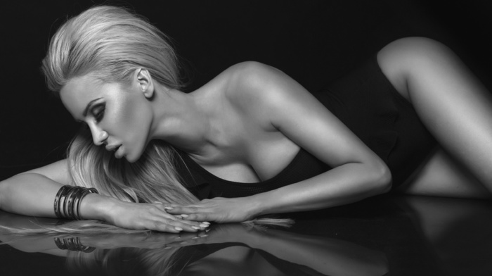 blonde, stunner, girl, lying down, posing, theme, beautiful, black and white background