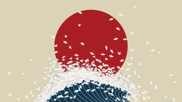 Japan, waves, Nihon, Nippon, digital art, birds, origami, minimalism