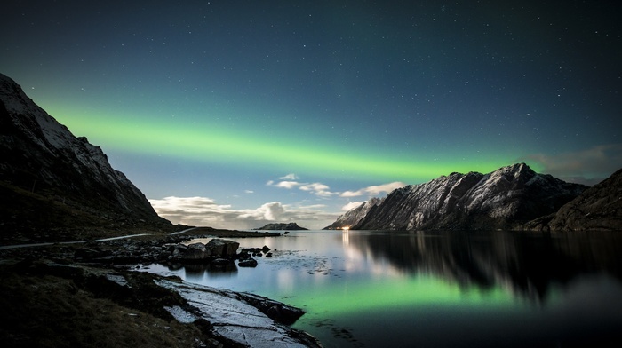 lake, Norway, Lofoten, mountain, aurorae