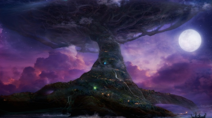 moon, Teldrassil, purple, World Tree, Darnassus, World of Warcraft, trees