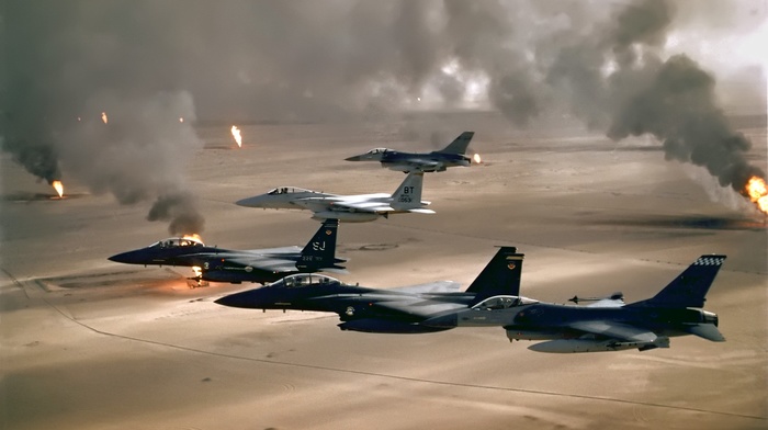 Desert Storm, weapon, desert, General Dynamics F, 16 Fighting Falcon, McDonnell Douglas F, 15 eagle, 15E Strike Eagle, flying, fire, war, US Air Force, smoke, military