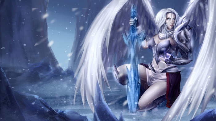 fantasy art, snow, wings, sword, angel