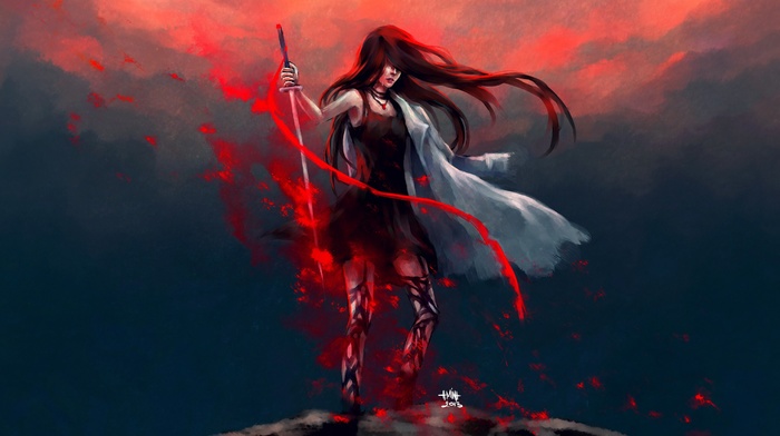 warrior, NanFe, fantasy art, anime, artwork, original characters, blood, redhead